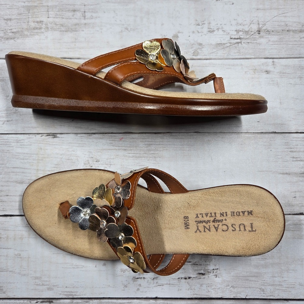 Tuscany Easy Street Floral Wedge Sandal Womens 8.5M Brown Metallic Flower Slide